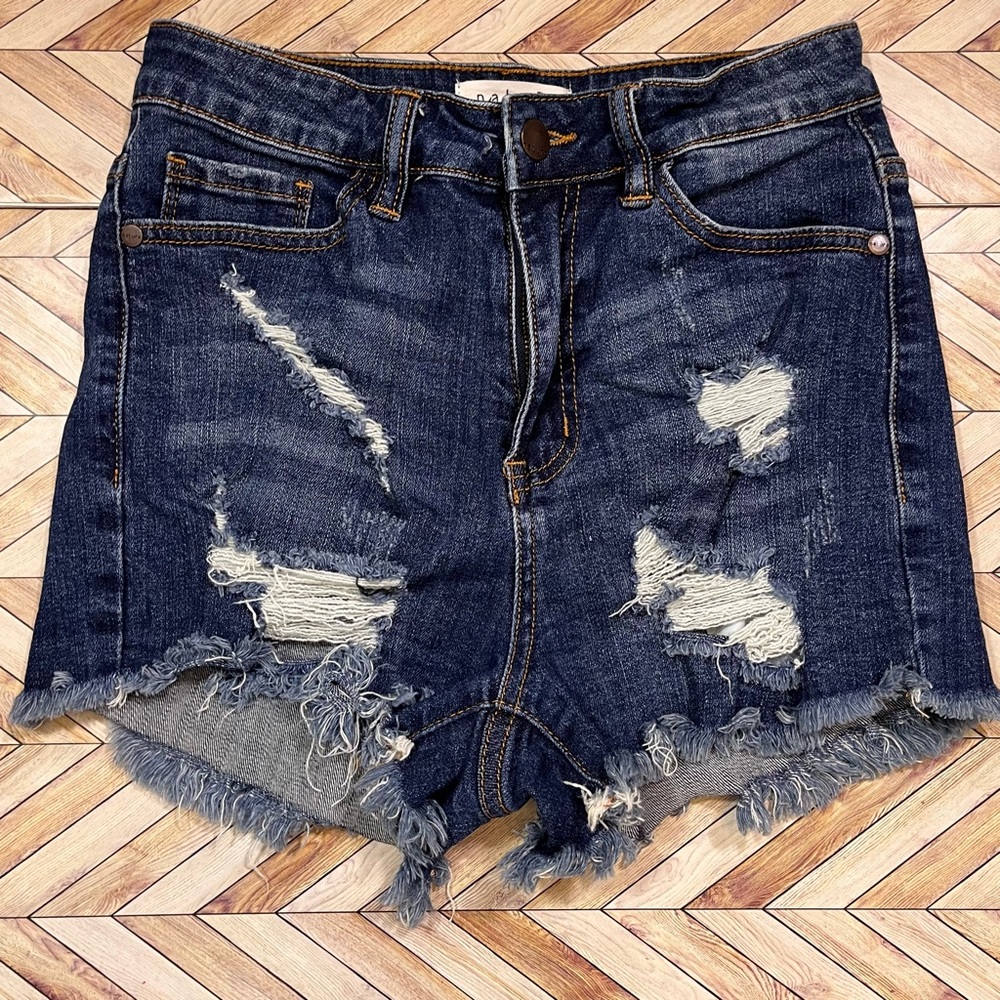 KanCan Distressed Denim High Waisted Busted Blue Jean Shortie Cut Off Shorts